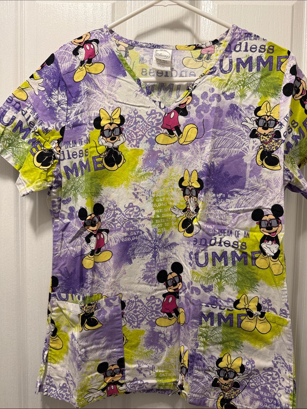 Disney Purple, Yellow & Green Minnie & Mickey Short Sleeve V-Neck Top